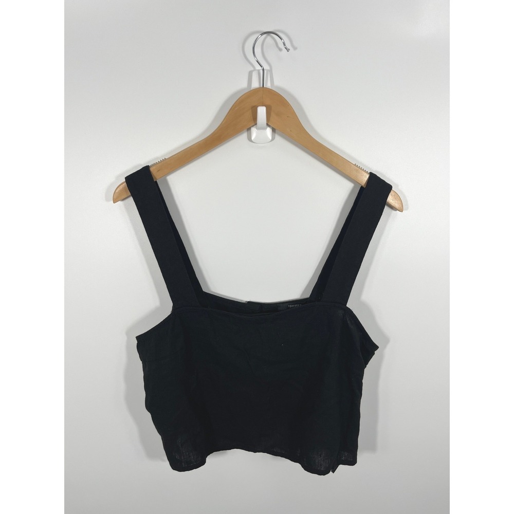 Womens Linen Blend Crop Top‎ 2 Black Square Neck Button Back Chic Euro Summer